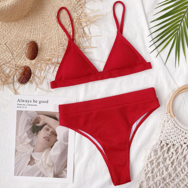 Pure Color High Waist Baddräkt Sexig Beach Bikini Snygga kvinnor Red S
