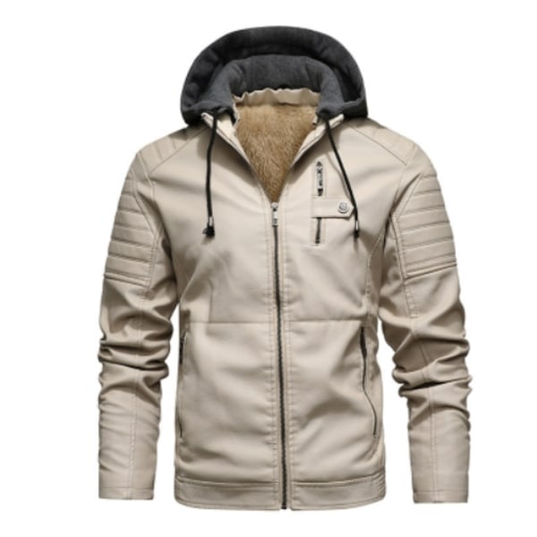 Herrar 2024 Mode Retro Biker PU Läderjacka Höst Och Vinter Avtagbar Huva White 4XL