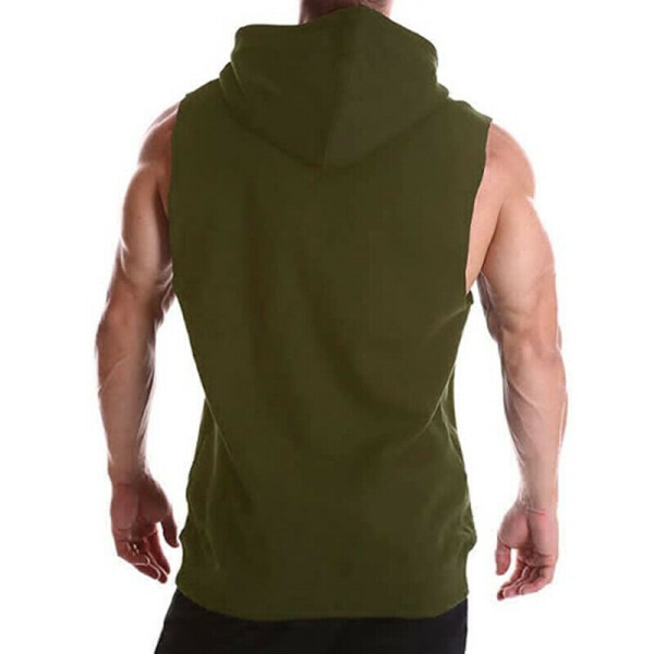 Herr Sommar T-shirts Muskel Casual Ärmlös Huvtröja Slim Skjorta Army Green 2XL