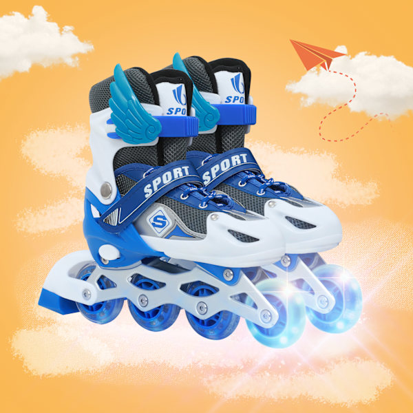 Inlineskates, justerbara rullskridskor, inlinehjul med ljus, rullskridskor, inliner, justerbar storlek 26-41, trippelt skydd Blue M