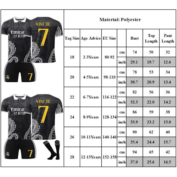 #7 VINI JR Fotbollströja Träningskit för Barn Pojkar Träningsdräkt Set Tröja + Shorts 24