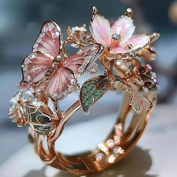 Dam Justerbar Rosa Vintage Ring Mode Hängande Fjäril Blomma Ring Rose Gold