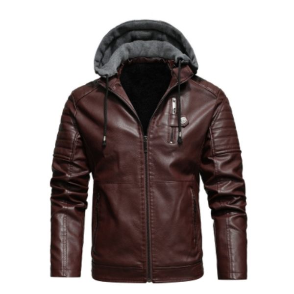 Herrar 2024 Mode Retro Biker PU Läderjacka Höst Och Vinter Avtagbar Huva Red 4XL