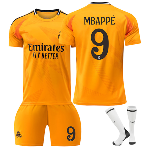 2024-2025 Orange Real Madrid Bortatröja Barn Fotbollströja Kit Nr 9 Mbappe Tröja 26
