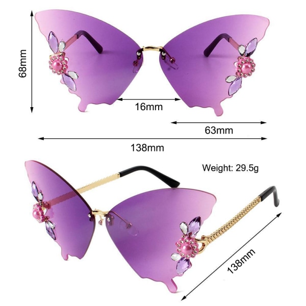 Bling Diamond Glasses Shades Rimless Crystal Butterfly Solglasögon Gradient Purple