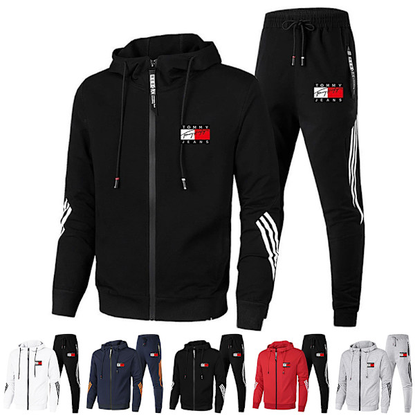 TomyJeans Herr Tracksuit 2-delad Hoodie Långärmad Zip-up Jacka med Casual Joggingbyxor Sweatsuit Set Red M