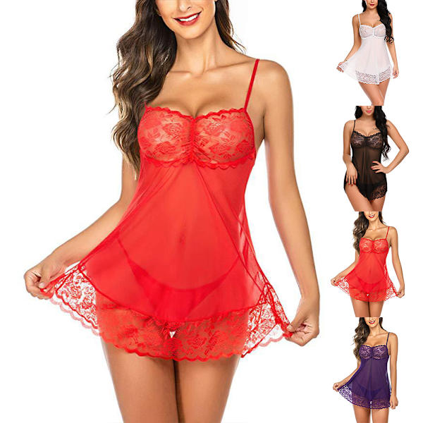 Kvinnors spets genomskinlig underkläder klänning babydoll nattkläder Red M
