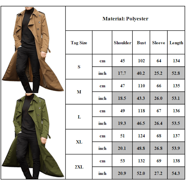 Trenchcoat Herr Vinter Solid Färg Varm Krage Rock Business Lång Rock Storlek L Khaki L