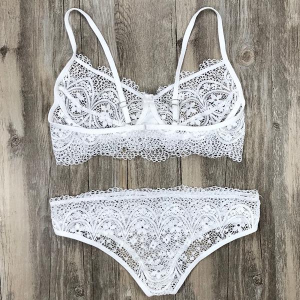 Kvinnors sexiga spets trepunkts samlingsperspektiv underkläder set White S