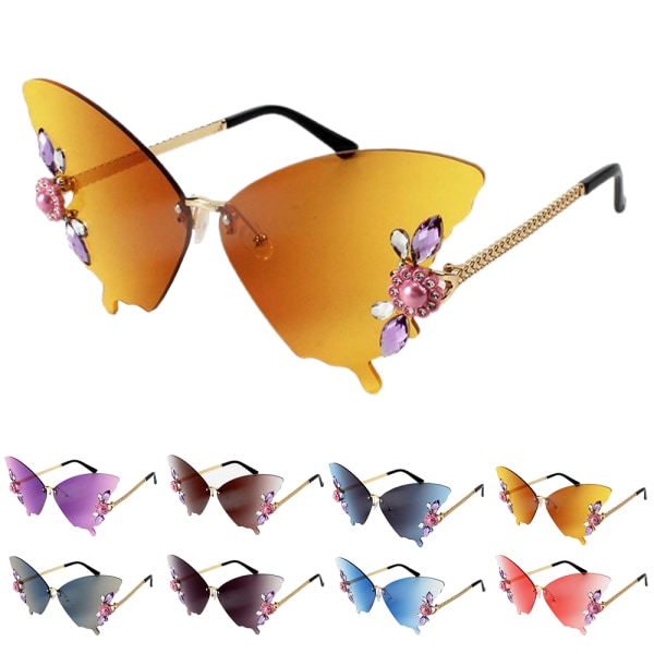 Bling Diamond Glasses Shades Rimless Crystal Butterfly Solglasögon Gradient Yellow