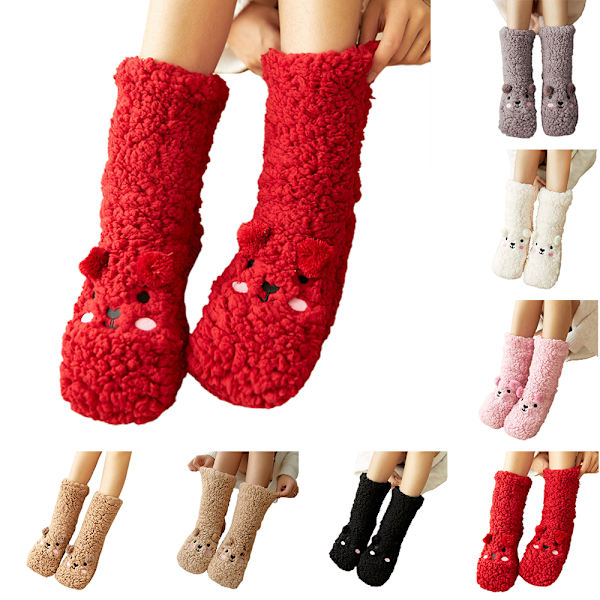 Söta björn fleece tofflor strumpor vinter varma mjuka strumpor red