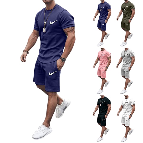 Män Herr Big & Tall Shorts Set 2-delade Outfits Sommar Kortärmad T-shirt och Shorts Tracksuit Set Casual Athletic Sports Suit Sweatsuit Sportkläder Set Navy Blue 4XL