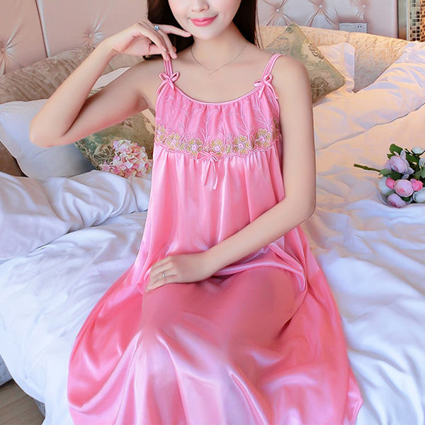 Dam satin pyjamas spaghetti remmar sexig babydoll underkläder nattkläder nattlinnen Medium powder
