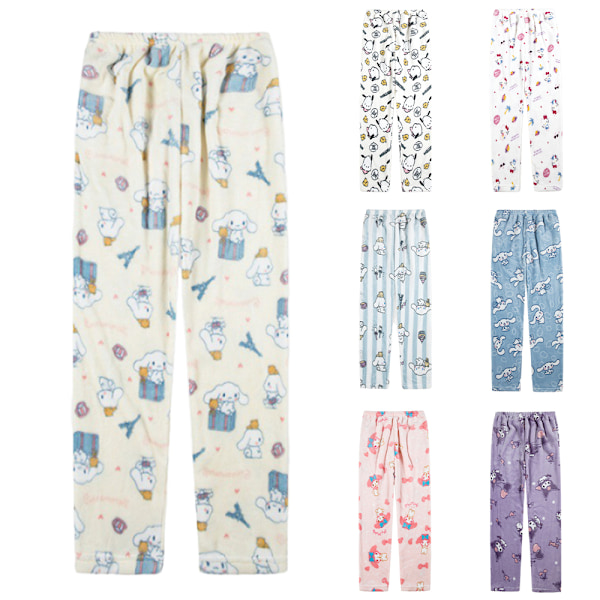 Dam Flanell Pyjamas med Cartoon Anime Casual Mysig Mjuk Byxor Vinter Varma Sovkläder Byxor Off white M