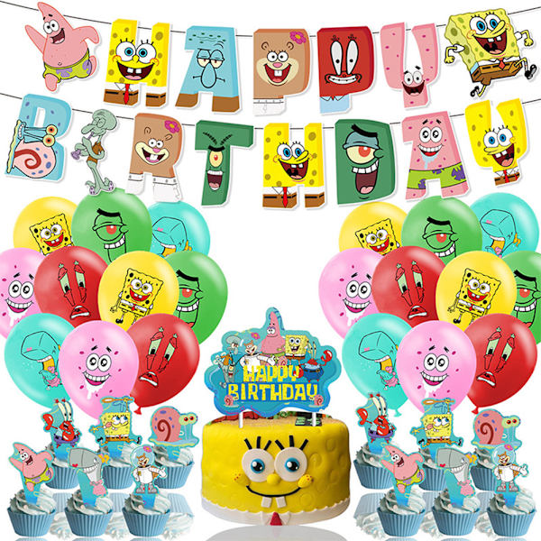 SpongeBob Tema Fest Glad Födelsedag Banner Tårta Toppers Dekor