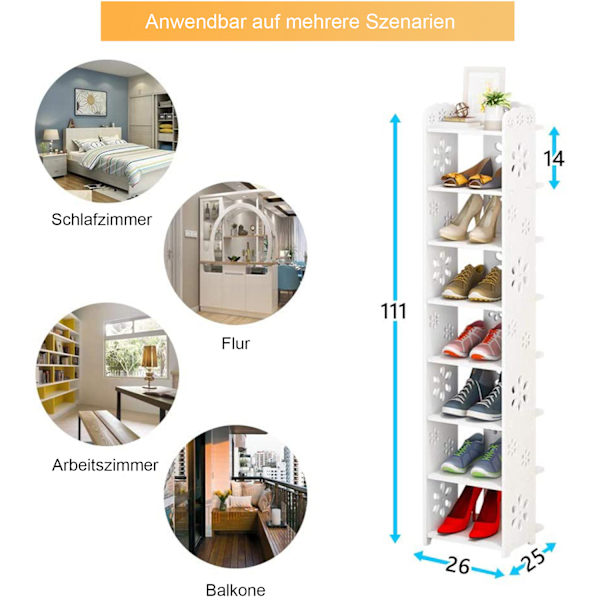 Skohylla Skoskåp 8 Nivåer, 111cm Vit Utrymmesbesparande Skohylla Skoställ Skoorganisatör, 8-Vånings Hyllkub White