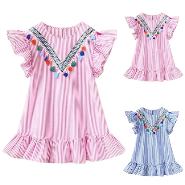 Baby Barn Flickor Prinsessa Randig Volang Solklänning Sommar Vardaglig Strandfest Klänning Pink 90cm