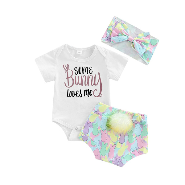 Nyfödd bebis påskkläder sparkdräkt bloomers pannband 3PCS set 0-3M