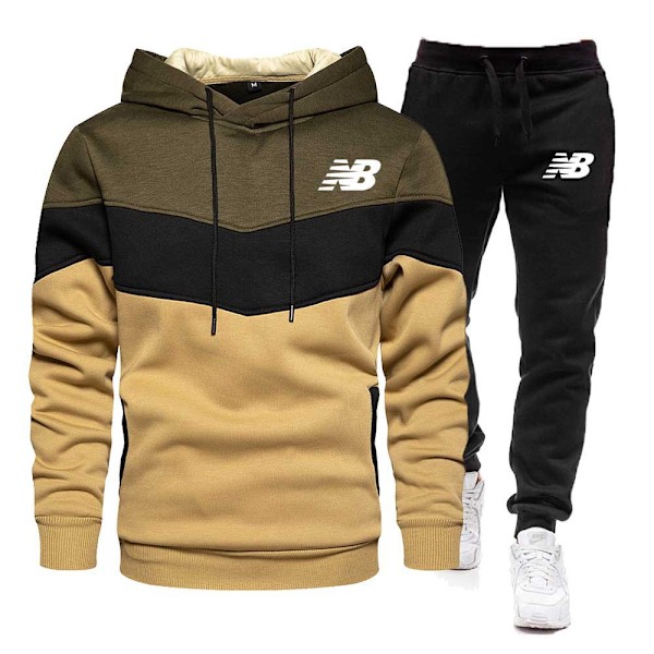 NB Herr Sweatdräkter 2-delade Set - Långärmade Hoodies med Joggingbyxor Färgblockade Tracksuit Set Khaki L