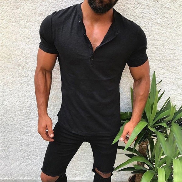 Summer Men Enfärgad V-ringad Slim-fit kortärmad skjorta black 2XL