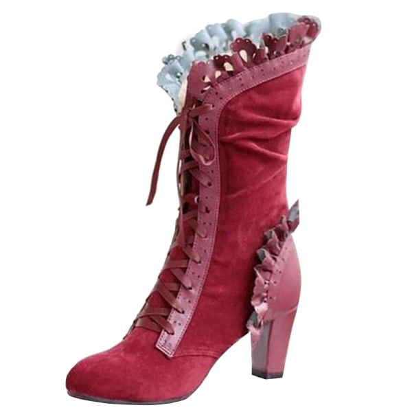 Kvinnor Vintage Spets Trim Gothic Punk Mid Calf Boots Läderskor Red 37