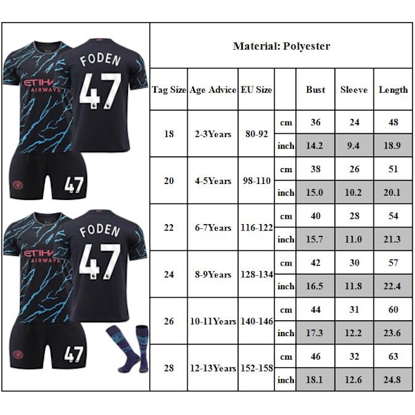 #47 FODEN Fotbollströja Träningskit för Barn Pojkar Träningsdräkt Set Tröja + Shorts 18