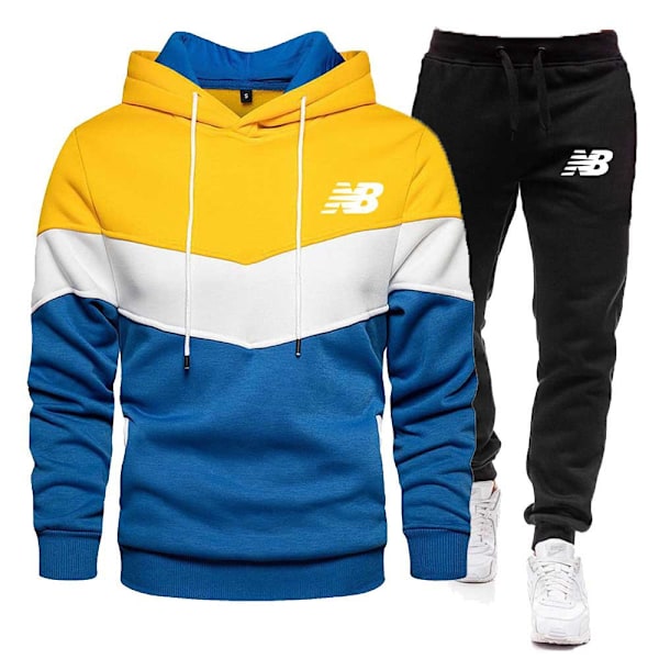 NB Herr Sweatdräkter 2-delade Set - Långärmade Hoodies med Joggingbyxor Färgblockade Tracksuit Set Yellow S