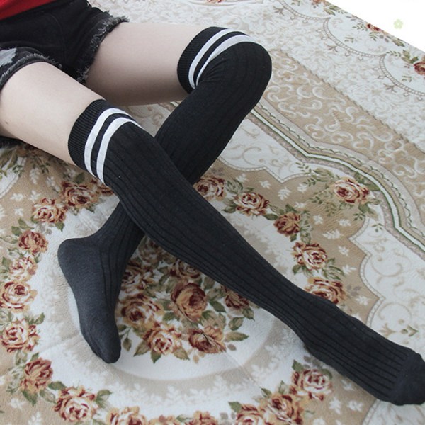 Kvinnor randiga över sockorna Knä Lår Hög Strumpa Långa strumpor black