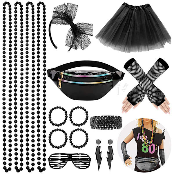 Kvinnors 80-tals utklädningstillbehör Retro festdräkt set kit black