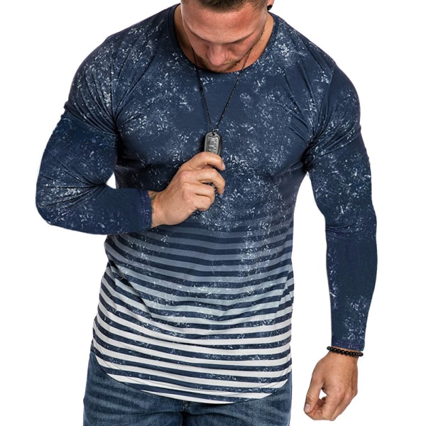 T-shirt för män digitalt tryck 3D-gradient Casual långärmad Dark Cyan 3XL