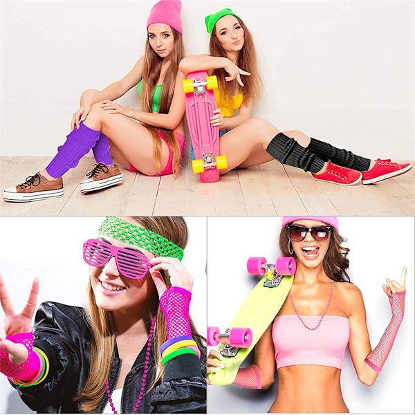 Kvinnor 80-talets 70-talets Retro Kostym Tillbehör Set Neon Benvärmare Set rainbow