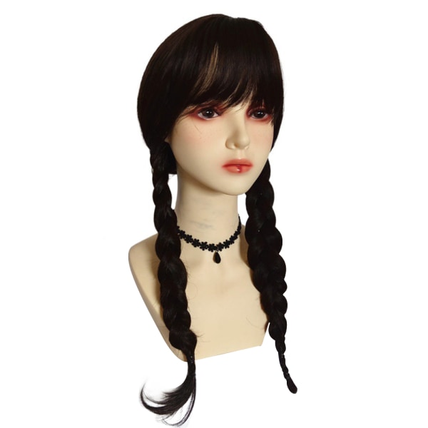 Wednesday Addams Familj Peruk Cosplay Långa Svarta Flätor med Lugg