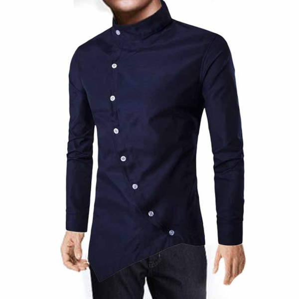Män Mode Oblique Button Skjortor Höst Lång navy blue 2XL