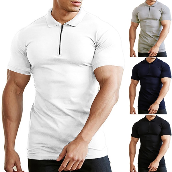 Zipper Neck Men Short Sleeve Slim Gym T-shirt Navy Blue L