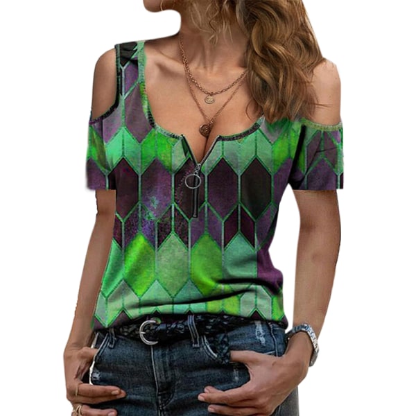 Kvinnors geometriskt print Kortärmad sexig T-shirt med dragkedja Green S