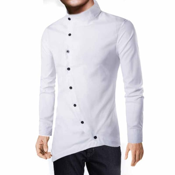 Män Mode Oblique Button Skjortor Höst Lång navy blue L