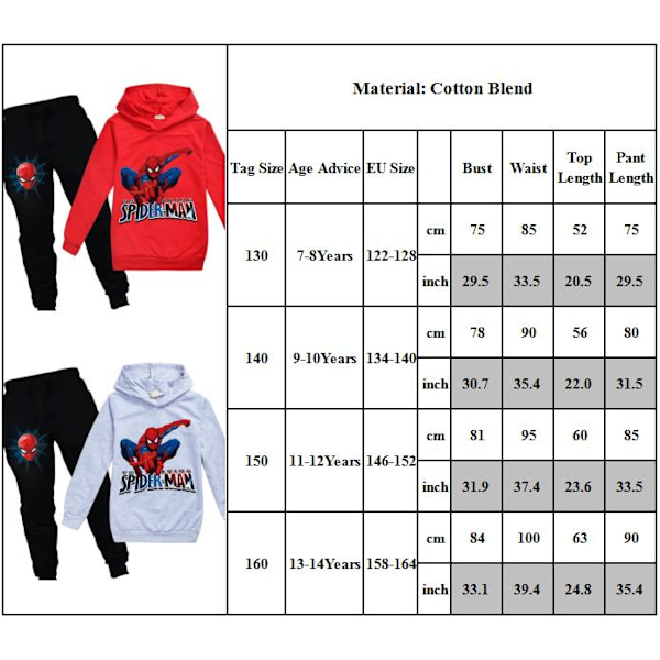 Barn Pojkar Spiderman Hoodie Topp Sweatshirt Byxor 2pcs Kits grey 160cm