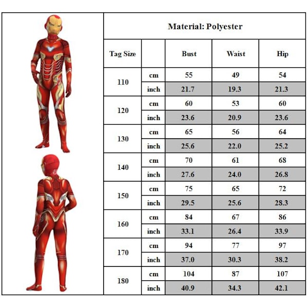 Iron Man Cosplay Kostym Jumpsuit för Män och Pojkar Halloween Kostym 110cm