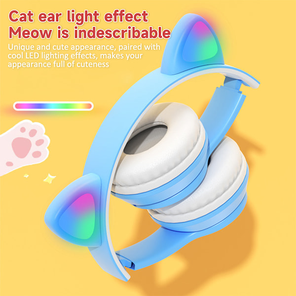 Kids Cat Ear LED Light Headset Fällbara Hörlurar Trådlösa Bluetooth Hörlurar Black