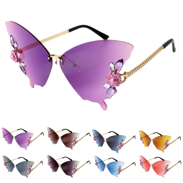 Bling Diamond Glasses Shades Rimless Crystal Butterfly Solglasögon Gradient Purple