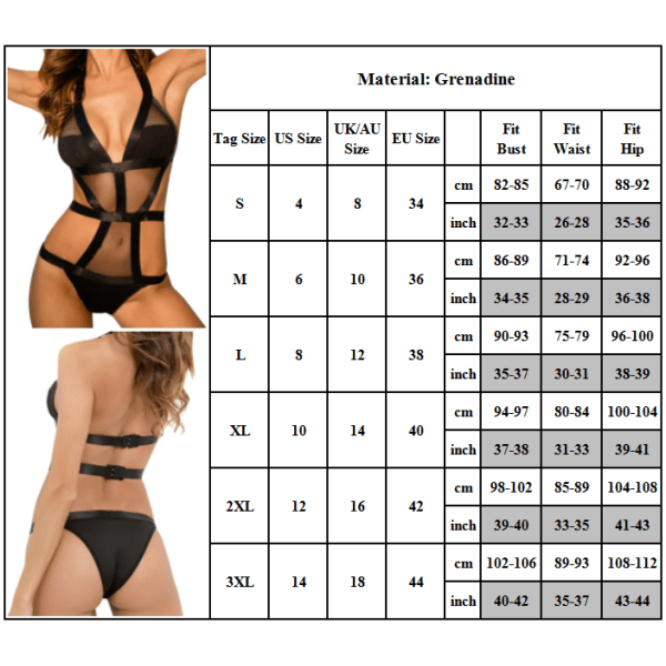 Genomskinlig öppen rygg sexig underkläder djup V-delad one-piece för kvinnor Black 3XL