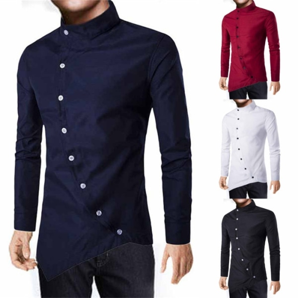 Män Mode Oblique Button Skjortor Höst Lång navy blue L