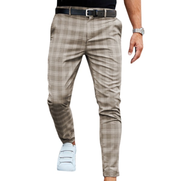 Rutiga byxor för män som passar Stretch Casual byxor för formell arbete Khaki 2XL