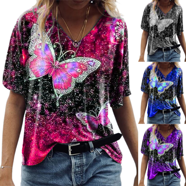 Fashion Creative Woman's Butterfly Print Kortärmad T-shirt Purple XL