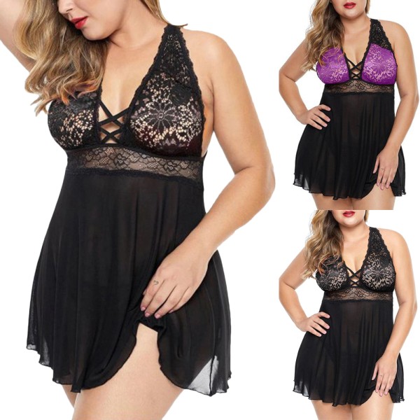 Sexig hängslen nattlinne för kvinnor Lila genomskinlig nattlinne Purple 3XL