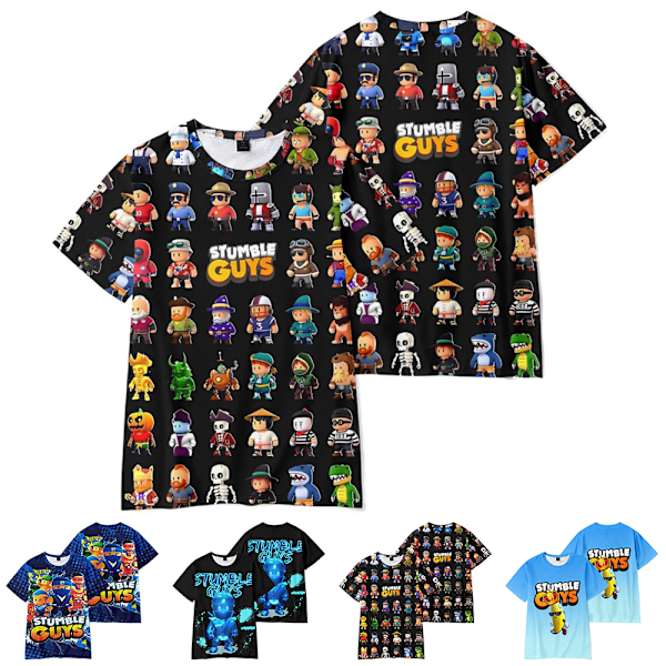 Stumble Guys 3D-tryckta barn t-shirt med korta ärmar, sommar casual crew neck tee toppar C 140cm