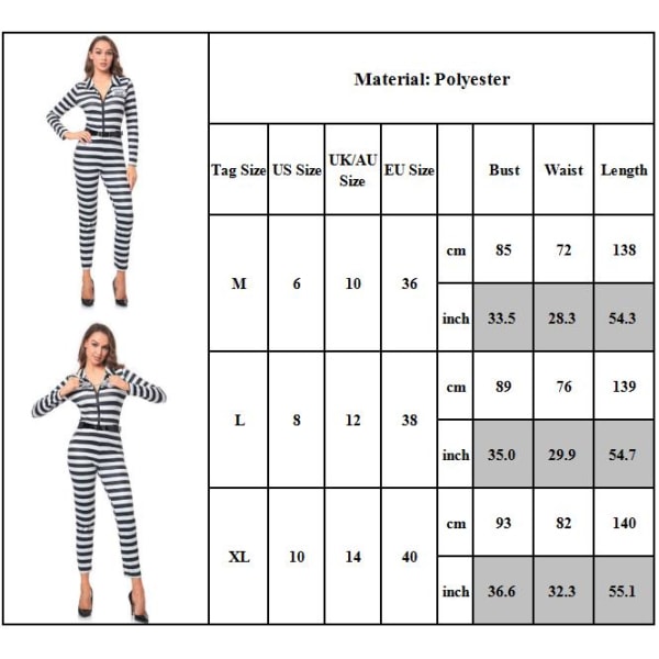Kvinnor Stripe Prison Jumpsuit med bälte Cosplay kostym XL
