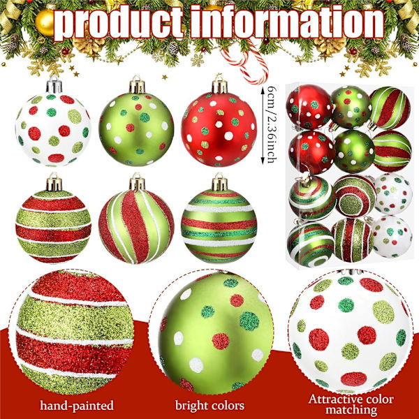 12 st julgranskulor 2,4 tum Glittrande Plast Hängande Dekorationer Osplitterliga Swirl Candy Cane Kulor Julgranshängen 12PCS