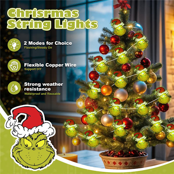 Grinch Julbelysning Dekoration - LED Grön Monster Batteridriven Ljuskedja för Julgran Hus Dörr Fönster Trädgård Rum Fest Dekoration 2m 2M