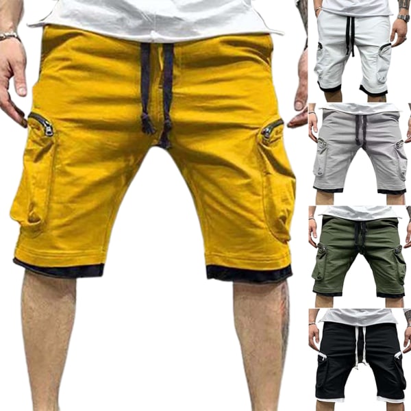 Snygga enfärgade sportshorts med flera casual för män Yellow XL